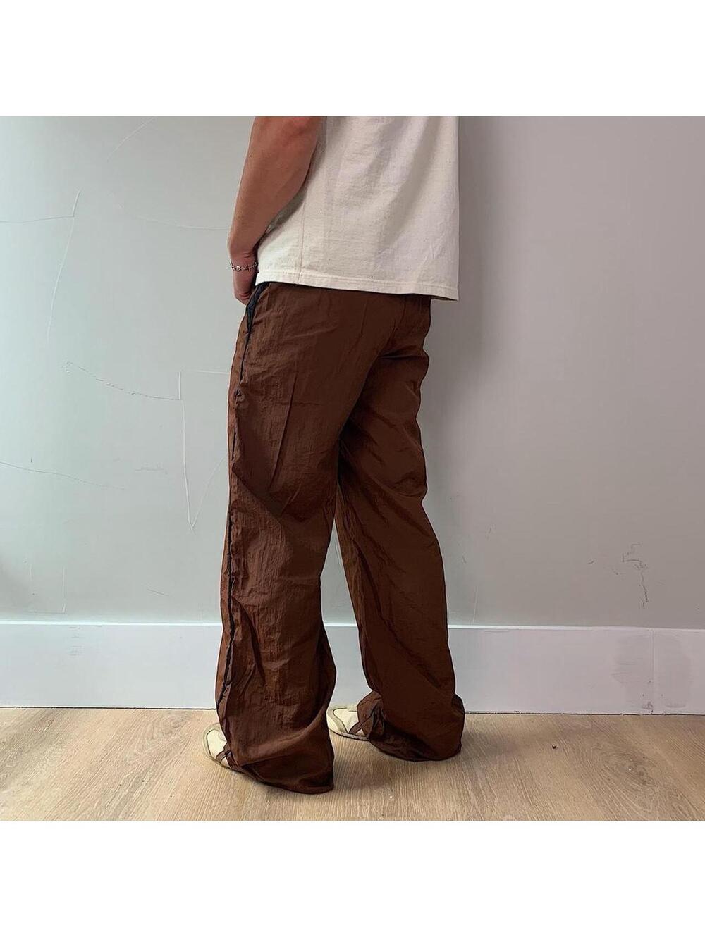 Y2k 2000s baggy loose lightweight striped Brown and Black windbreaker pants - Picture 4 of 8